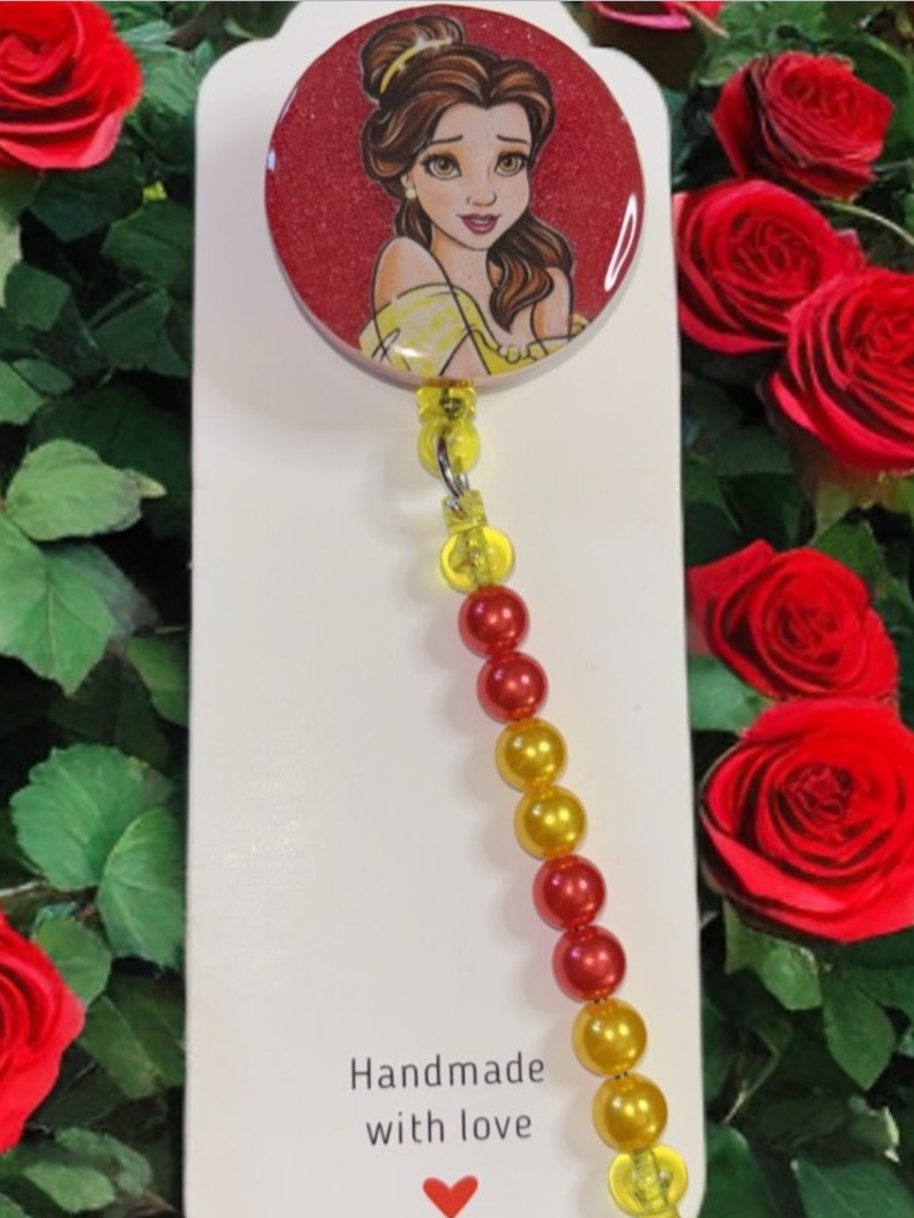 Belle Glitter Badge Reel with Red & Gold Beaded Lanyard